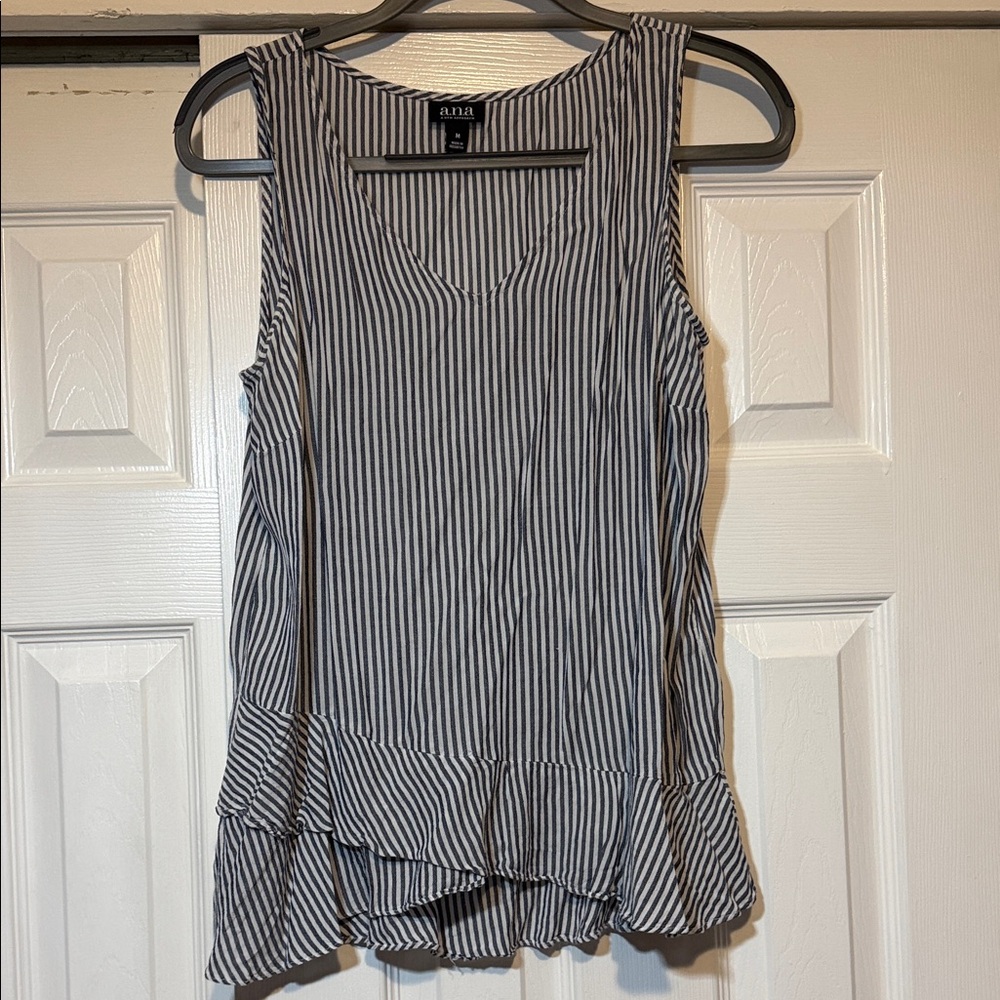 💙🤍 a.n.a Blue/Gray and White Striped Ruffle Tank Top💙🤍
